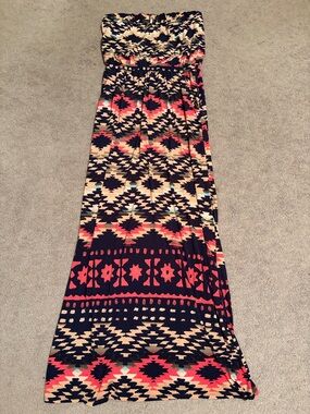 Three Hearts Strapless Aztec Print Maxi Dress in Navy, Coral, Cream